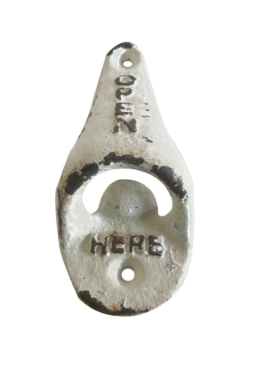 White Retro Look Open Here Bottle Opener Cast Iron Wall Mount Chipped Paint