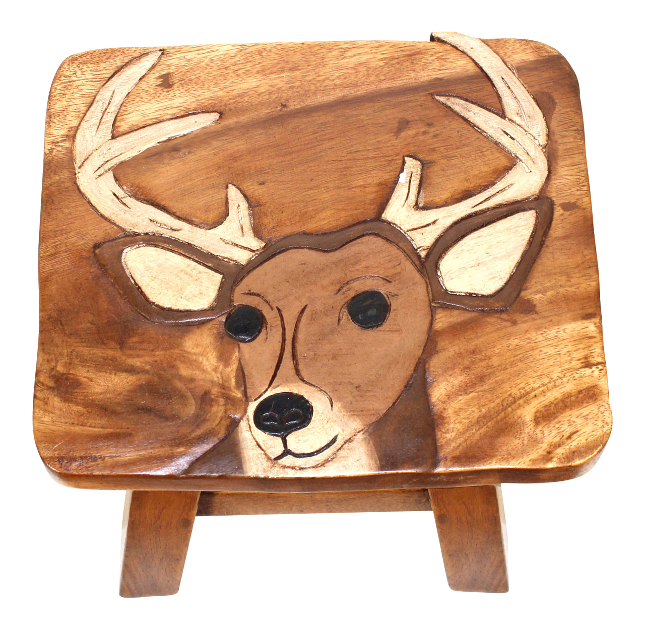 Deer Head Hand Carved Wood Step Stool 11 Inch