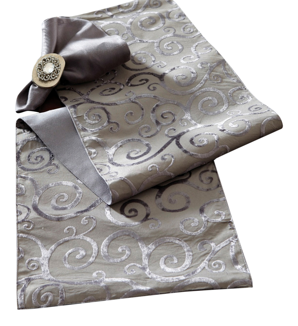 Elegant Scroll Print on Platinum Velvet Holiday 48 Inch Table Runner