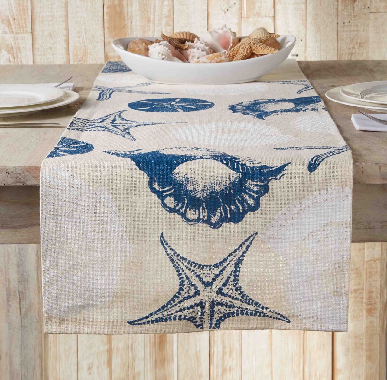 Coastal Navy Table Runner 54 Inch Starfish Shells Sand Dollars on Burlap Mud Pie