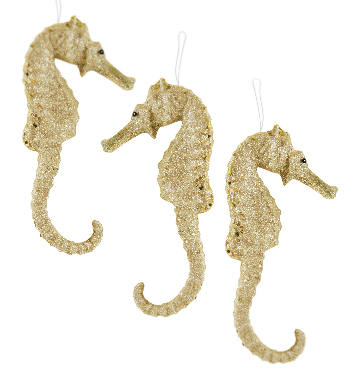 Coastal Champagne Gold Glittery Seahorses Christmas Holiday Ornaments Set of 3